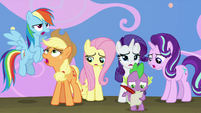 Main ponies and Spike groaning S8E7