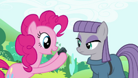 Pinkie Pie showing a rock to Maud S4E18