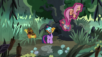 Twilight levitating Fluttershy into the tree S7E20