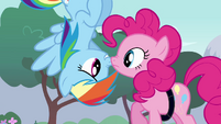 Rainbow looking at Pinkie upside down S4E12