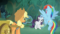 Fake Rarity looking back at AJ and Rainbow S8E13