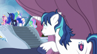 Shining Armor watching from behind a curtain S6E1