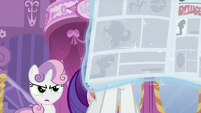Sweetie Belle seeing Rarity reading newspaper S2E23