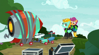 Lightning and Scootaloo land by the rocket S8E20