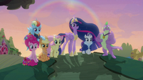 Mane Six and Spike on the hill at sunset S9E26