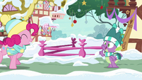 Spike waving to Pinkie Pie MLPBGE