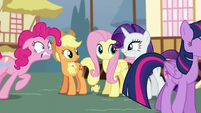 Twilight's friends excited; Pinkie straining S5E19