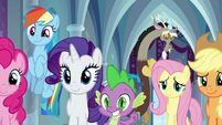 Twilight's friends smiling in support S9E24