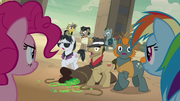 Daring Do, Rainbow, and Pinkie surround Dr