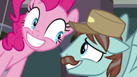Janitor Pony grins nervously at Pinkie Pie S7E23