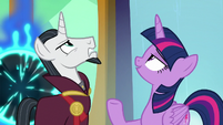 Twilight and Neighsay look up at the school S8E2