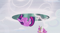 Twilight and Spike fall out of the portal into the present S5E25