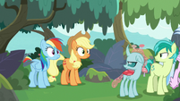 AJ and Rainbow staring back in surprise S8E9