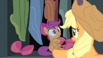 Applejack sees Scootaloo inside cupboard S4E17