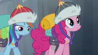 Pinkie smiling and Rainbow looking tired S5E8