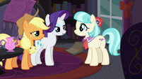 Rarity and Applejack happy to help Coco S5E16