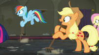 Rainbow, Applejack, and Fluttershy sweeps along with Twilight S6E9