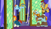 Rainbow and Magnus fly out of the throne room S7E26