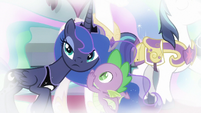 Spike whispers in Princess Luna's ear S9E4