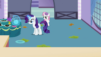 Rarity placing a pitcher of water on the table.