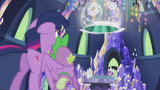 Twilight and Spike look at the time portal S5E25