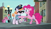 Pinkie Pie shaking the police officer S6E3