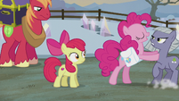 Pinkie pushing Limestone away from Apple Bloom S5E20