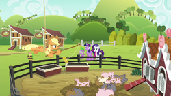 Spike, Twilight, and Rarity see AJ hanging from a rope S6E10.png