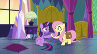 Fluttershy helps Twilight Sparkle off the floor S7E20