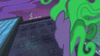 Looking at the mane six and Spike from the ground.