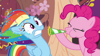 Pinkie Pie blows party horn in Rainbow's face S4E04