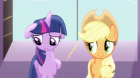 Sad Twilight beside Applejack S4E1