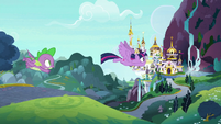 Twilight and Spike flying to Canterlot S9E4