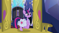Twilight trotting happily out the door S5E23