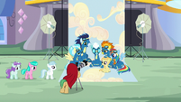The Wonderbolts at a photo shoot for foals S7E7