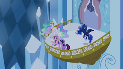 Twilight, Celestia, Luna, and Cadance on the balcony S4E25.png