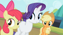 Apple Bloom, Rarity and Applejack are smiling S2E05