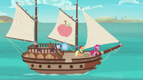 Applejack, Rarity, and Pinkie sailing on a boat S6E22