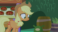 Applejack looking down at Pinkie S9E17