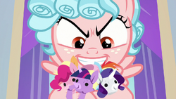 Cozy Glow holding Mane Six puppets S8E26