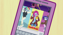 Rainbow, Pinkie, and Rarity behind head-in-hole stands EG2
