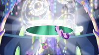 Twilight, Spike, and Starlight sucked out from the portal S5E26
