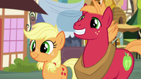 Young Applejack and Big Mac smiling widely S6E23