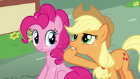Applejack whistles to Fluttershy and Rainbow S6E11