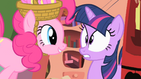 The next morning, Pinkie shows up at Twilight's house and says, "It's soon!"