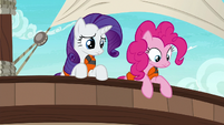 Rarity and Pinkie look over side of the ship S6E22