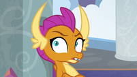 Smolder looks puzzled at Spike and Ember S8E1