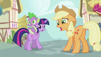 Twilight, Spike and Applejack looking behind S2E06
