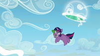 Twilight Sparkle flying out of the portal S5E26