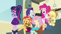 Twilight and friends laughing; Fluttershy mortified EGDS5